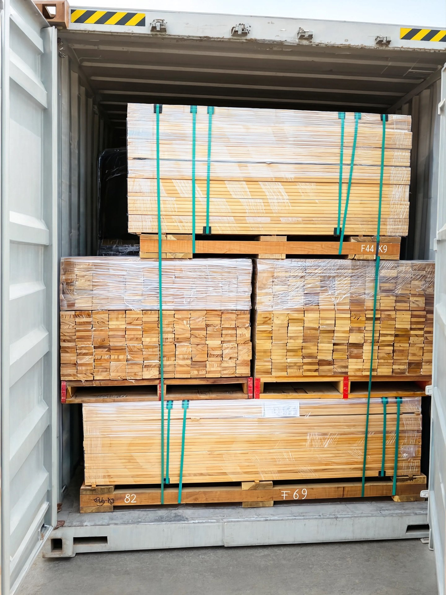 Shrink-wrapped timber pallets loaded inside a shipping container