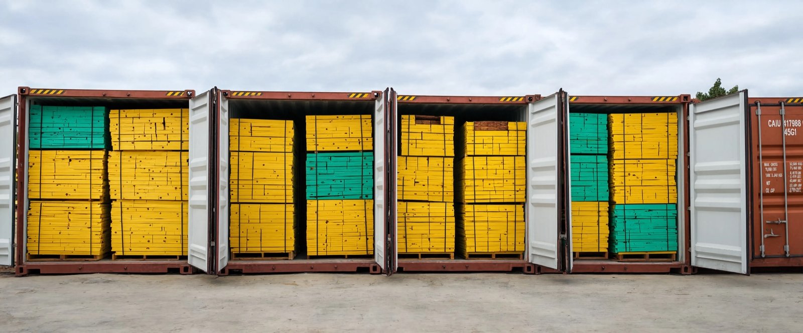 Row of open shipping containers packed with color-marked timber