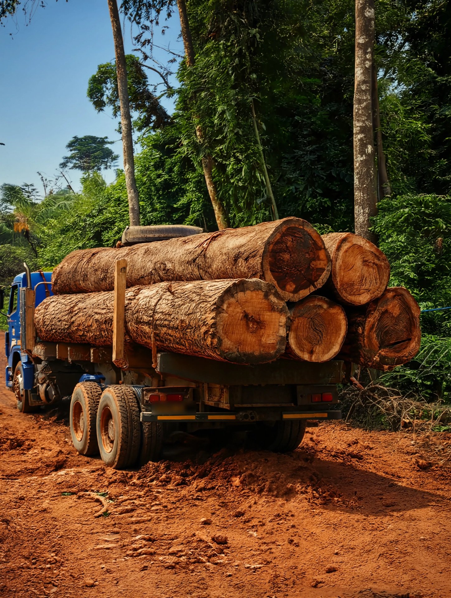 Truck loaded with freshly harvested logs on a forest road