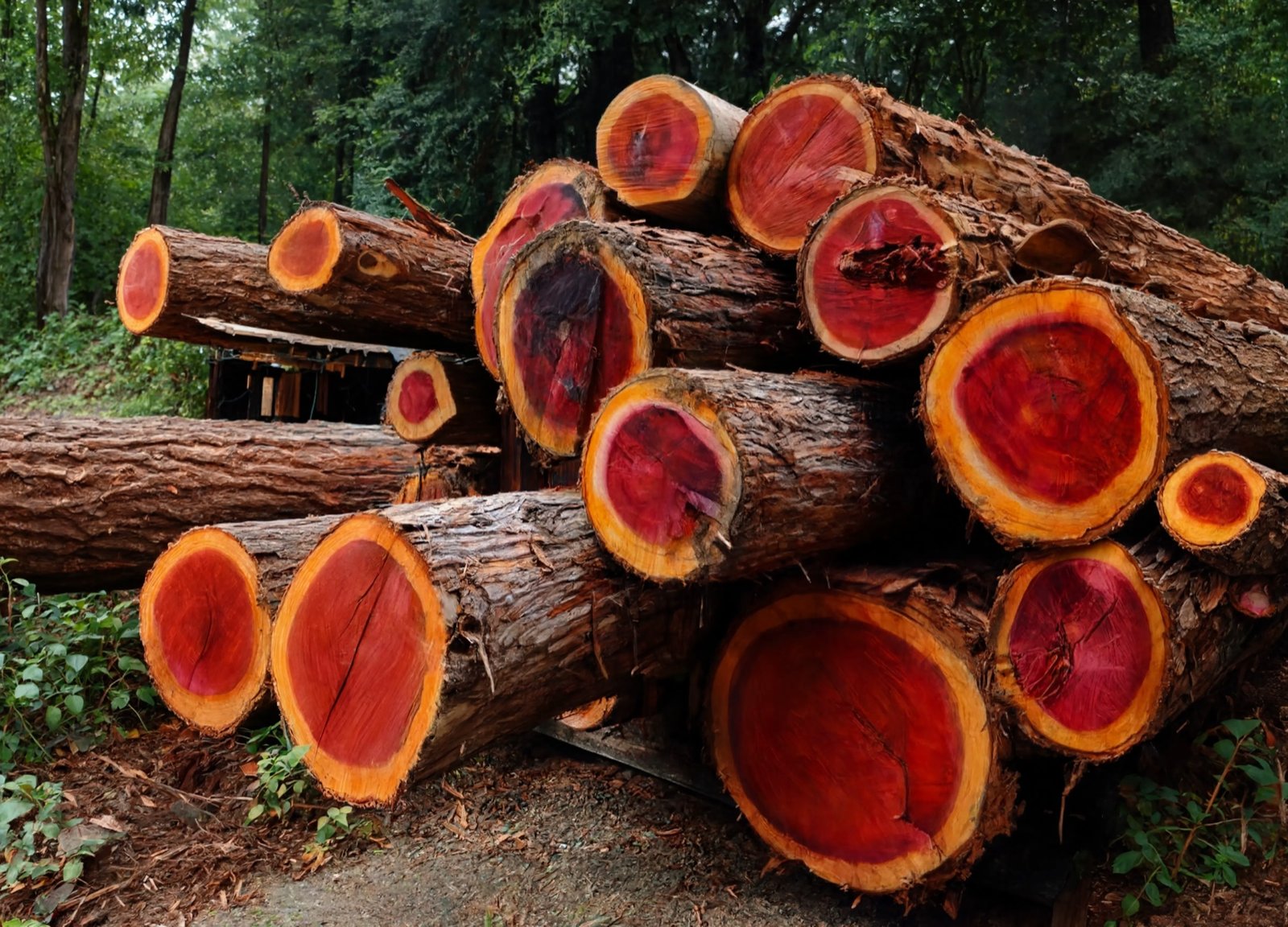 Freshly cut logs revealing vivid red heartwood