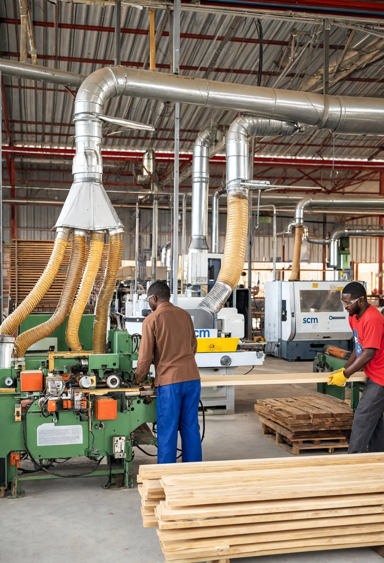 Workers operating a moulding machine with dust-extraction hoses