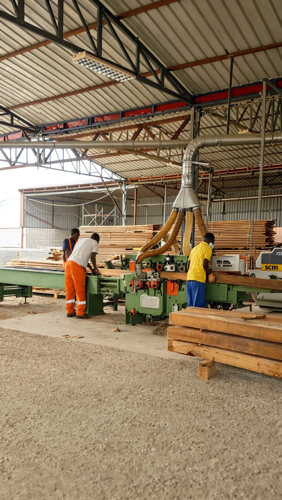 Mill workers guiding timber through a milling machine
